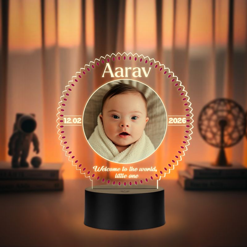 Personalized LED Night Lamp with Photo | Welcome to The World Little One Quote Engraved Warm White Light with Black Base Gift for New Born Baby & New Parents